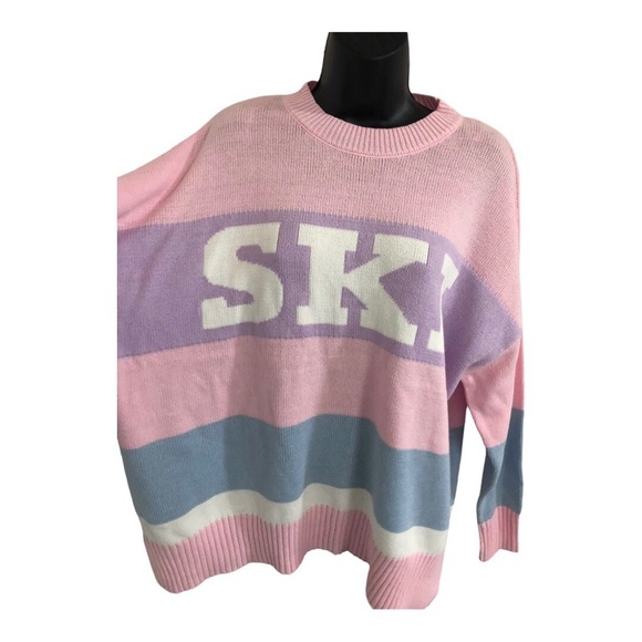 Sincerely jules pink blue stripe colorblock SKI graphic print sweater size S - Picture 3 of 12